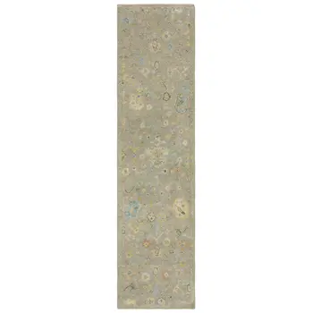 10' Gray Yellow And Green Wool Oriental Hand Knotted Runner Rug With Fringe