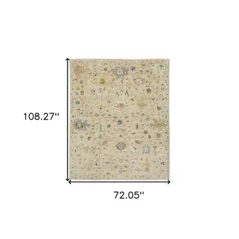6' X 9' Gray Yellow And Green Wool Oriental Hand Knotted Area Rug With Fringe