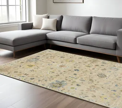 6' X 9' Gray Yellow And Green Wool Oriental Hand Knotted Area Rug With Fringe