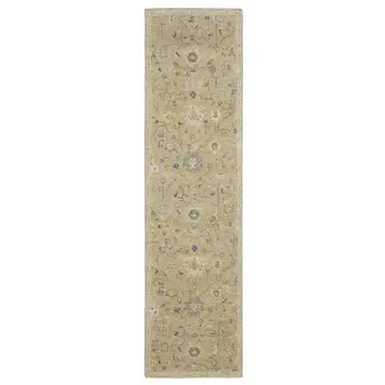 10' Beige Blue And Ivory Wool Oriental Hand Knotted Runner Rug With Fringe