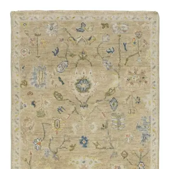 10' Beige Blue And Ivory Wool Oriental Hand Knotted Runner Rug With Fringe