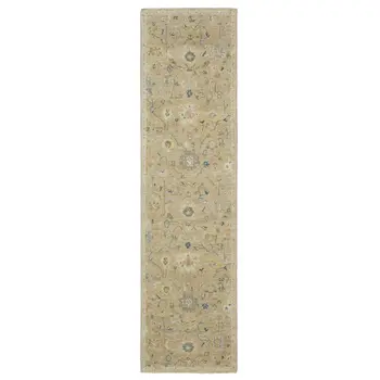 10' Beige Blue And Ivory Wool Oriental Hand Knotted Runner Rug With Fringe