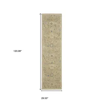 10' Beige Blue And Ivory Wool Oriental Hand Knotted Runner Rug With Fringe