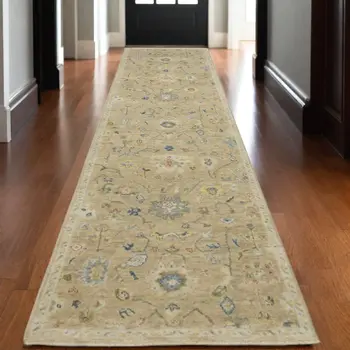 10' Beige Blue And Ivory Wool Oriental Hand Knotted Runner Rug With Fringe