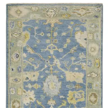 10' Blue And Green Wool Oriental Hand Knotted Runner Rug With Fringe