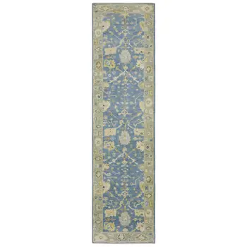 10' Blue And Green Wool Oriental Hand Knotted Runner Rug With Fringe