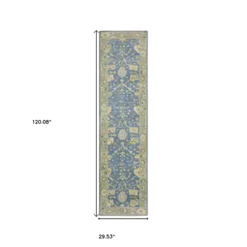 10' Blue And Green Wool Oriental Hand Knotted Runner Rug With Fringe