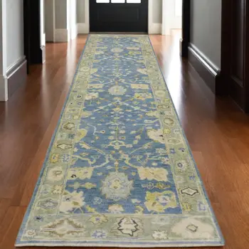 10' Blue And Green Wool Oriental Hand Knotted Runner Rug With Fringe
