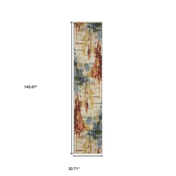 12' Beige Yellow And Salmon Abstract Runner Rug With Fringe