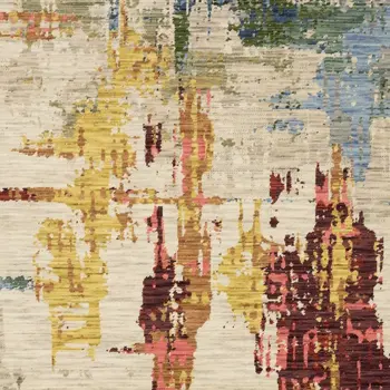 7' X 10' Beige Yellow And Salmon Abstract Area Rug With Fringe