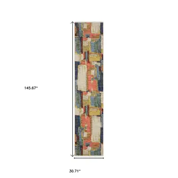 12' Pink Yellow And Dark Blue Abstract Runner Rug With Fringe