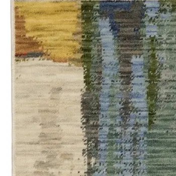 7' X 10' Pink Yellow And Dark Blue Abstract Area Rug With Fringe
