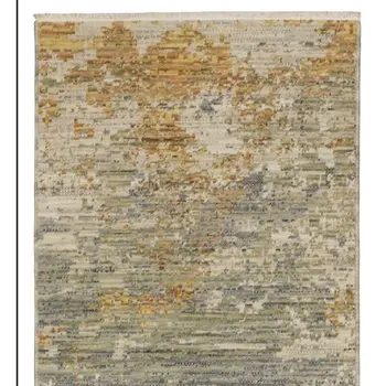12' Beige And Gold Abstract Runner Rug With Fringe