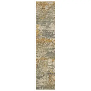 12' Beige And Gold Abstract Runner Rug With Fringe