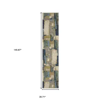 12' Blue And Green Abstract Runner Rug With Fringe