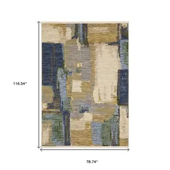 7' X 10' Blue And Green Abstract Area Rug With Fringe
