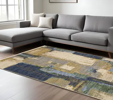 7' X 10' Blue And Green Abstract Area Rug With Fringe
