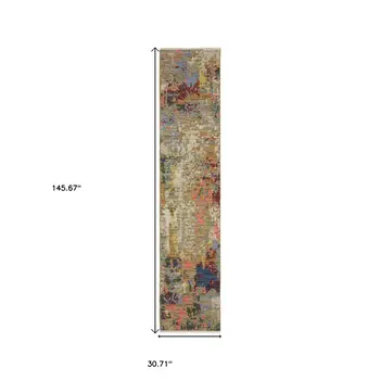 12' Beige Blue And Salmon Abstract Runner Rug With Fringe