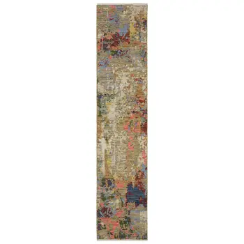 12' Beige Blue And Salmon Abstract Runner Rug With Fringe