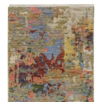 12' Beige Blue And Salmon Abstract Runner Rug With Fringe