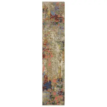 12' Beige Blue And Salmon Abstract Runner Rug With Fringe