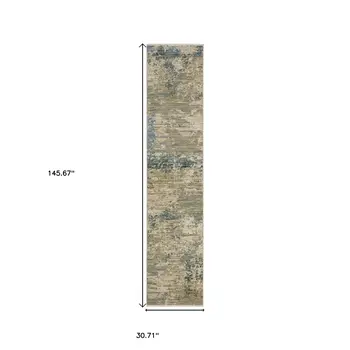 12' Beige And Blue Abstract Runner Rug With Fringe
