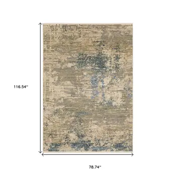 7' X 10' Beige And Blue Abstract Area Rug With Fringe