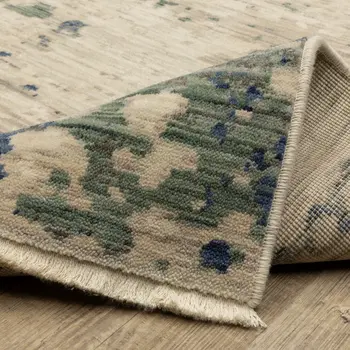 12' Beige And Green Abstract Runner Rug With Fringe