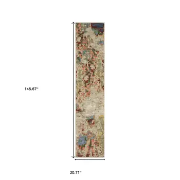 12' Beige Pink And Yellow Abstract Runner Rug With Fringe
