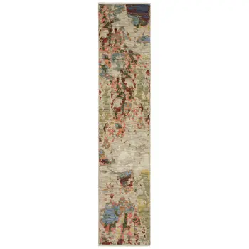 12' Beige Pink And Yellow Abstract Runner Rug With Fringe