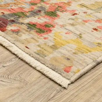 12' Beige Pink And Yellow Abstract Runner Rug With Fringe