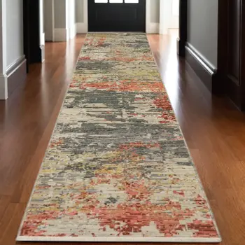 12' Beige And Pink Abstract Runner Rug With Fringe