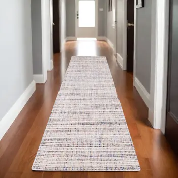 8' Ivory Blue And Yellow Striped Hand Tufted Runner Rug