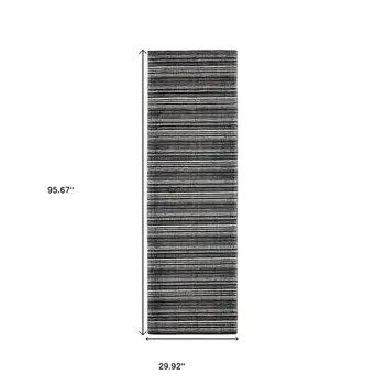 8' Black And Ivory Striped Hand Tufted Runner Rug