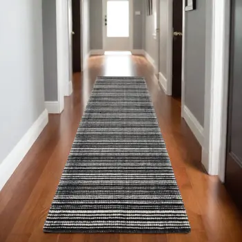 8' Black And Ivory Striped Hand Tufted Runner Rug