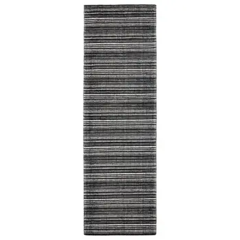 8' Black And Ivory Striped Hand Tufted Runner Rug