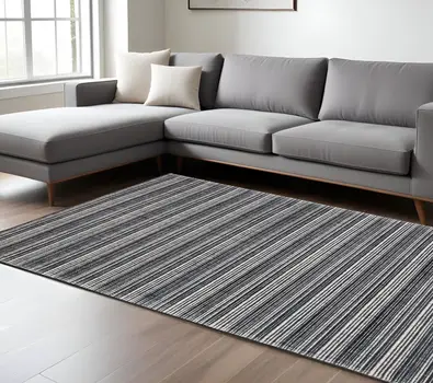 8' X 10' Black And Ivory Striped Hand Tufted Area Rug