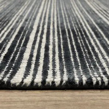 8' X 10' Black And Ivory Striped Hand Tufted Area Rug