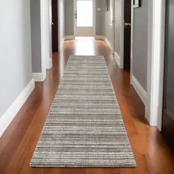 8' Gray And Ivory Striped Hand Tufted Runner Rug