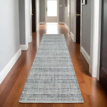 8' Gray And Blue Striped Hand Tufted Runner Rug