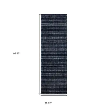 8' Navy Blue And Blue Striped Hand Tufted Runner Rug