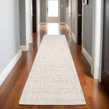 8' Ivory And Gray Striped Hand Tufted Runner Rug
