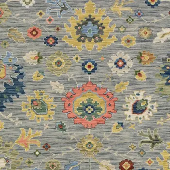 7' X 10' Gray Yellow And Blue Oriental Area Rug With Fringe