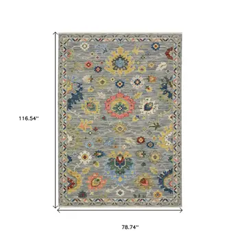 7' X 10' Gray Yellow And Blue Oriental Area Rug With Fringe