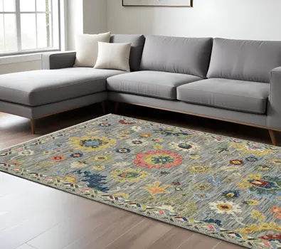 7' X 10' Gray Yellow And Blue Oriental Area Rug With Fringe