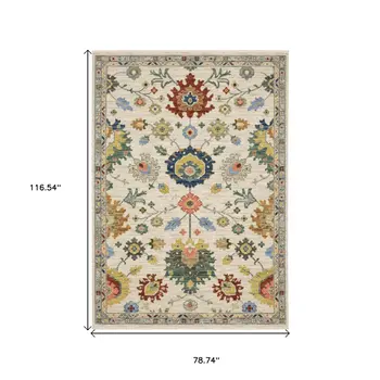 7' X 10' Ivory Gray And Blue Oriental Area Rug With Fringe