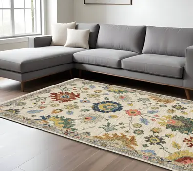 7' X 10' Ivory Gray And Blue Oriental Area Rug With Fringe
