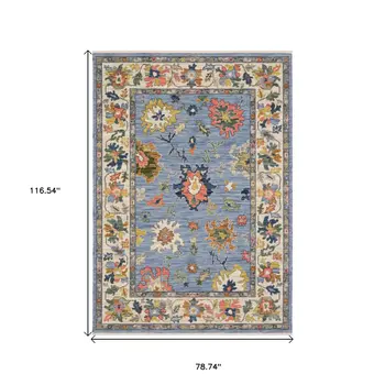 7' X 10' Blue Ivory And Yellow Oriental Area Rug With Fringe