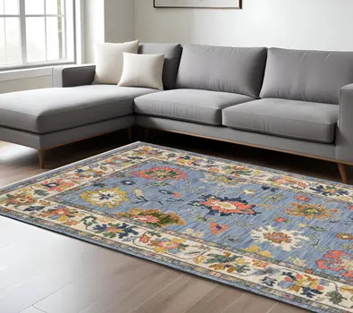 7' X 10' Blue Ivory And Yellow Oriental Area Rug With Fringe