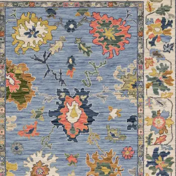 7' X 10' Blue Ivory And Yellow Oriental Area Rug With Fringe